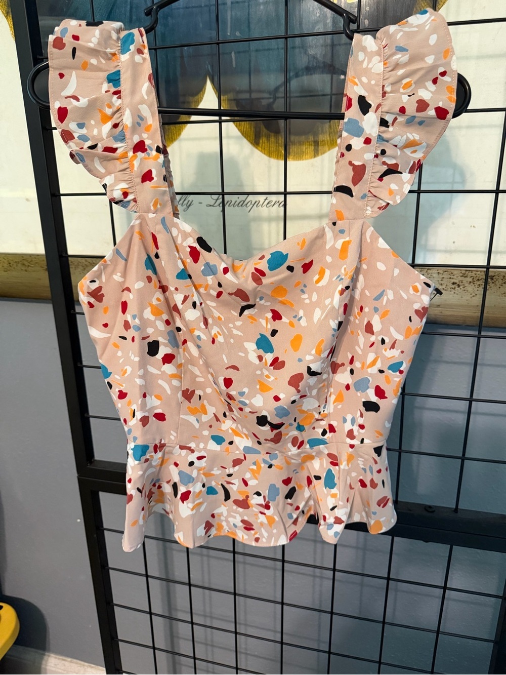 Lost + Wander Beige Confetti Print Ruffle Peplum Cami measures as small medium